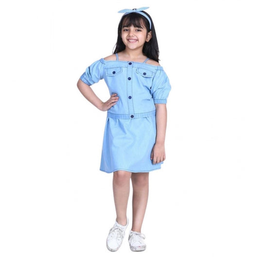 Cheerful Girl's Denim Solid Cold Shoulder Top and Skirt Set (Light Blue)