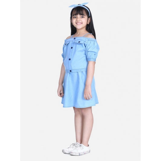 Cheerful Girl's Denim Solid Cold Shoulder Top and Skirt Set (Light Blue)