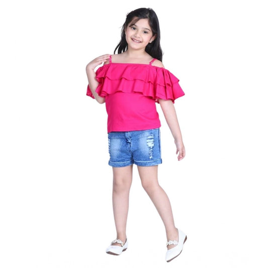 Lovely Girl's Rayon Solid Cold Shoulder Top with Shorts (Pink-Blue)