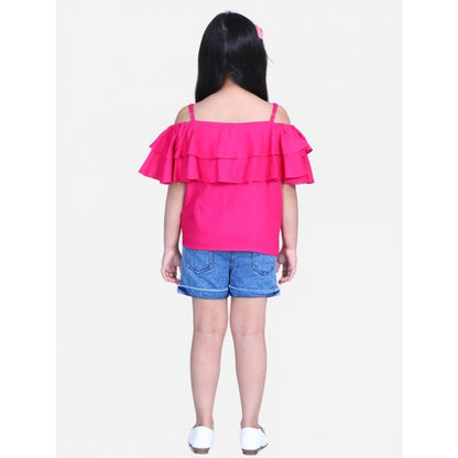Girl's Rayon Solid Cold Shoulder Top with Shorts (Pink-Blue)