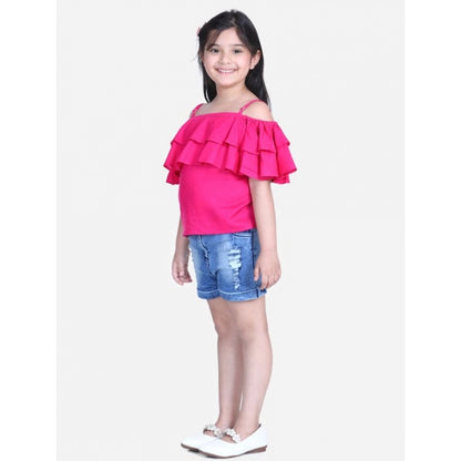 Girl's Rayon Solid Cold Shoulder Top with Shorts (Pink-Blue)