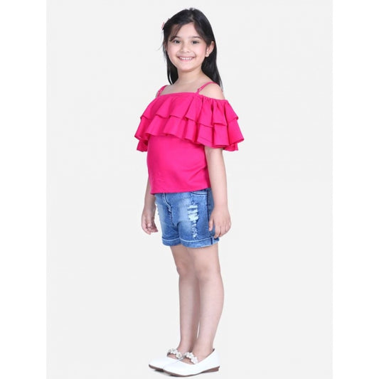 Lovely Girl's Rayon Solid Cold Shoulder Top with Shorts (Pink-Blue)