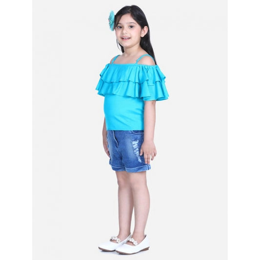 Graceful Girl's Rayon Solid Cold Shoulder Top with Shorts (Blue)