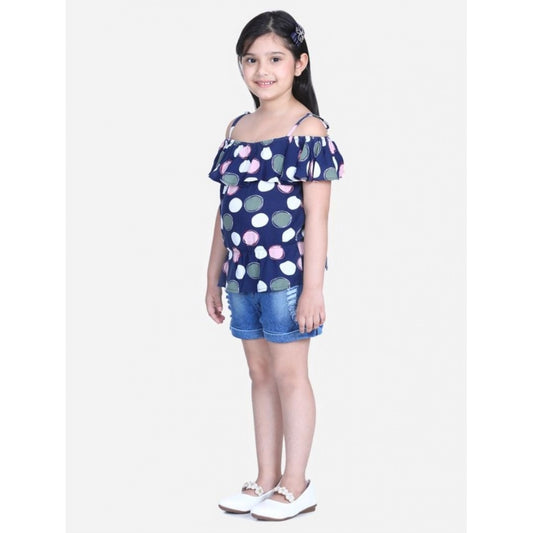 Delightful Girl's Rayon Solid Cold Shoulder Top with Shorts (Navy Blue)