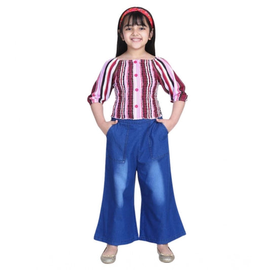 Dreamy Girl's Rayon Solid Bell Sleeve Top with Culottes (Purple-Blue)