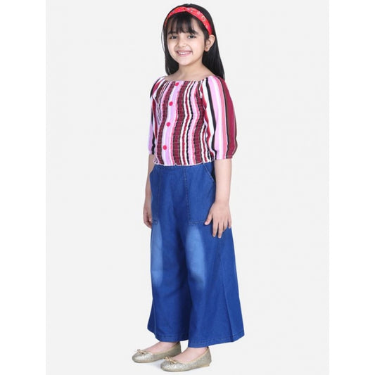 Dreamy Girl's Rayon Solid Bell Sleeve Top with Culottes (Purple-Blue)