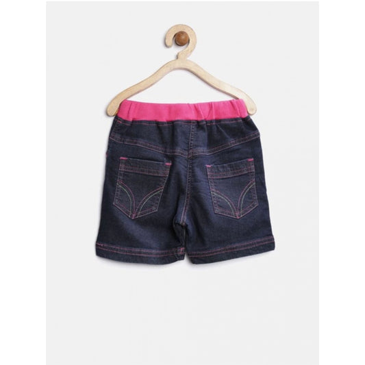 Whimsical Girl's Denim Ribbed Elasticated Shorts (Pink-Blue)