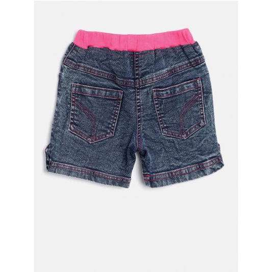 Charming Girl's Denim Lace Inserts Sleeveless Shorts (Blue-Pink)