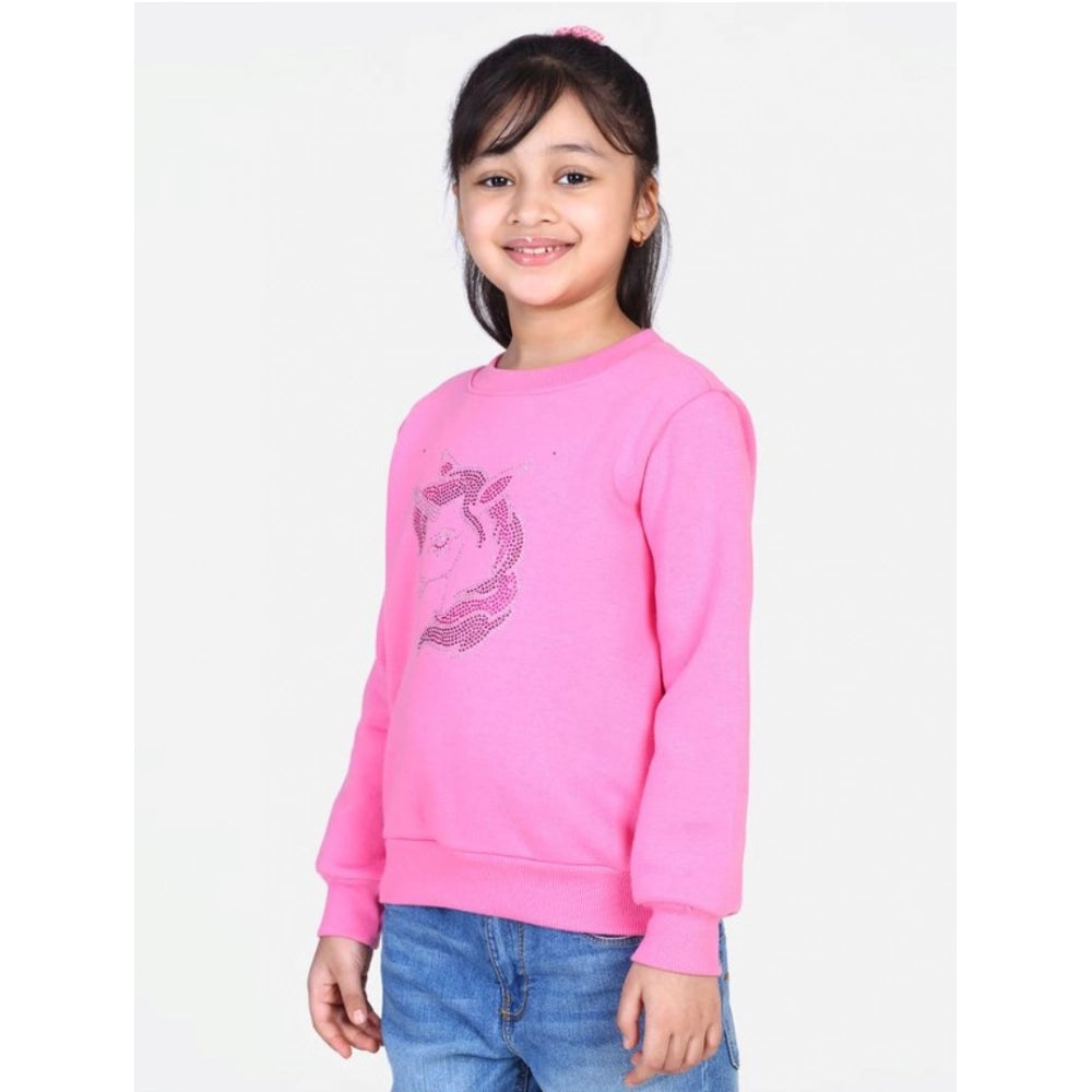 Girl's Fleece Embellished Long Sleeves Sweatshirt (Pink)