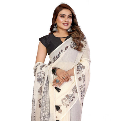 Generic Women's Linen Cotton Printed Saree With Unstitched Blouse 5.5Mtr (Off White)