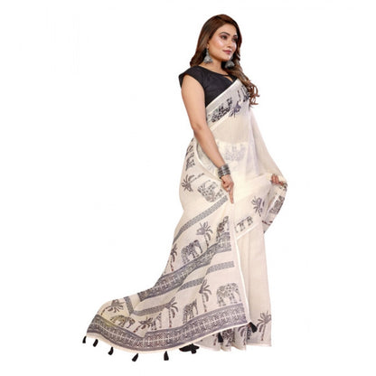 Generic Women's Linen Cotton Printed Saree With Unstitched Blouse 5.5Mtr (Off White)