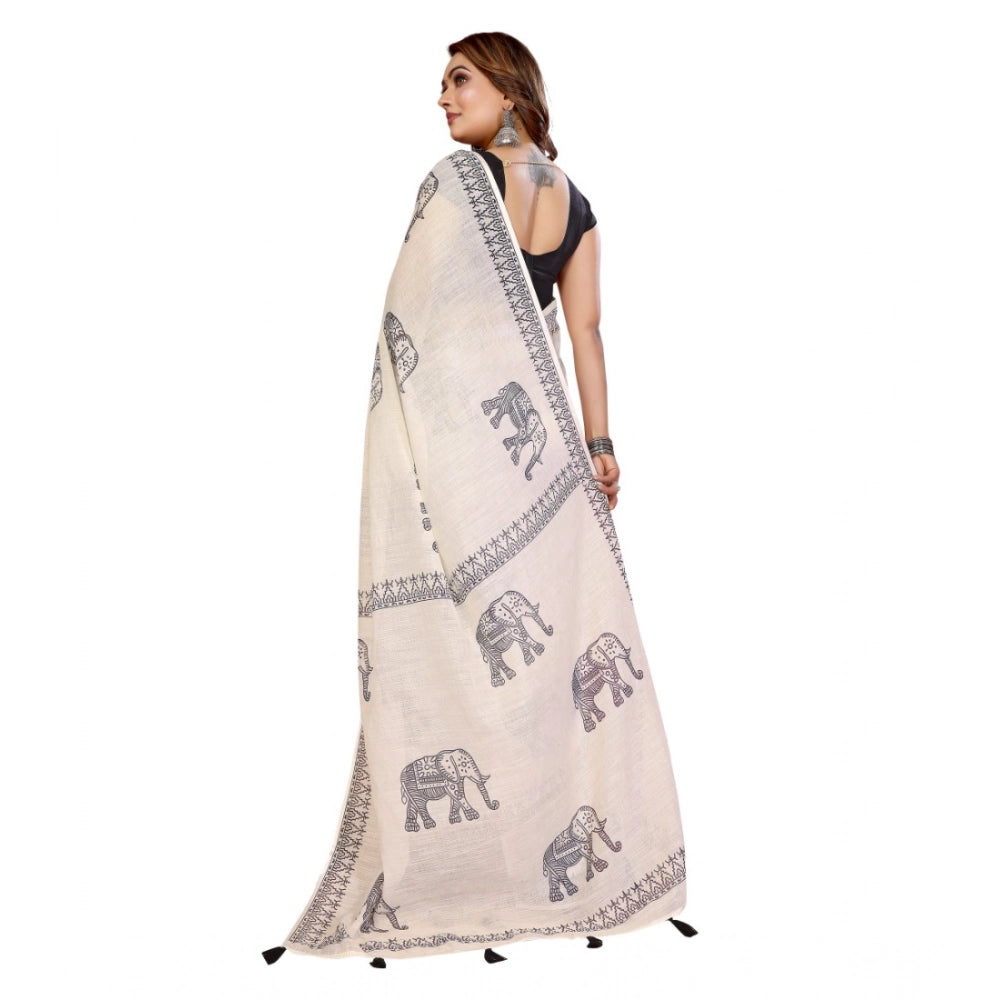 Generic Women's Linen Cotton Printed Saree With Unstitched Blouse 5.5Mtr (Off White)
