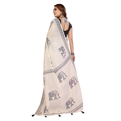 Generic Women's Linen Cotton Printed Saree With Unstitched Blouse 5.5Mtr (Off White)