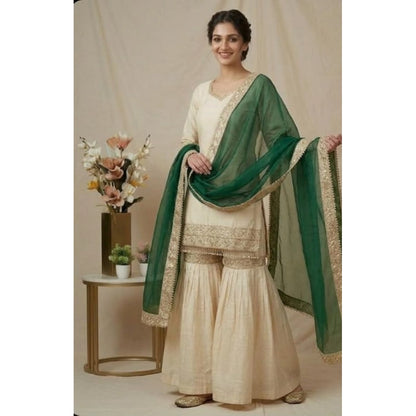 Generic Women's Silk Embroidered 3/4th Sleeve V-Neck Kurti With Sharara Pant and Dupatta Set (Cream &amp; Bottle Green)