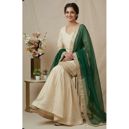 Generic Women's Silk Embroidered 3/4th Sleeve V-Neck Kurti With Sharara Pant and Dupatta Set (Cream &amp; Bottle Green)