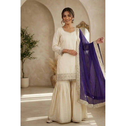 Generic Women's Silk Embroidered 3/4th Sleeve V-Neck Kurti With Sharara Pant and Dupatta Set (Cream &amp; Purple)
