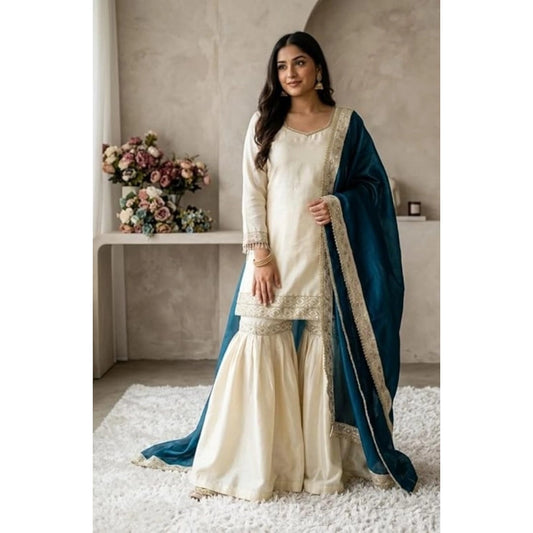 Generic Women's Silk Embroidered 3/4th Sleeve V-Neck Kurti With Sharara Pant and Dupatta Set (Cream &amp; Teal)
