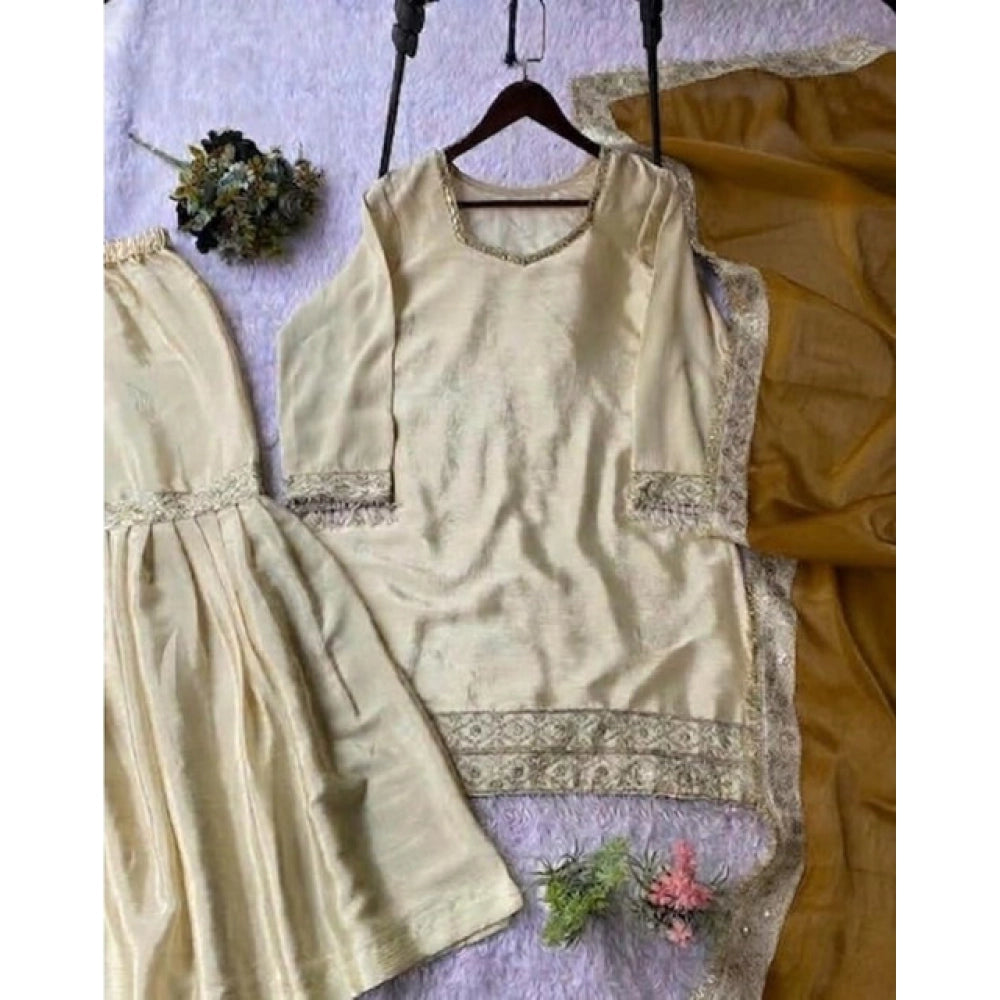 Generic Women's Silk Embroidered 3/4th Sleeve V-Neck Kurti With Sharara Pant and Dupatta Set (Cream &amp; Yellow)