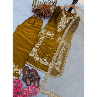 Generic Women's Silk Embroidered 3/4th Sleeve Round Kurti With Palazzo Pant and Dupatta Set (Gold)