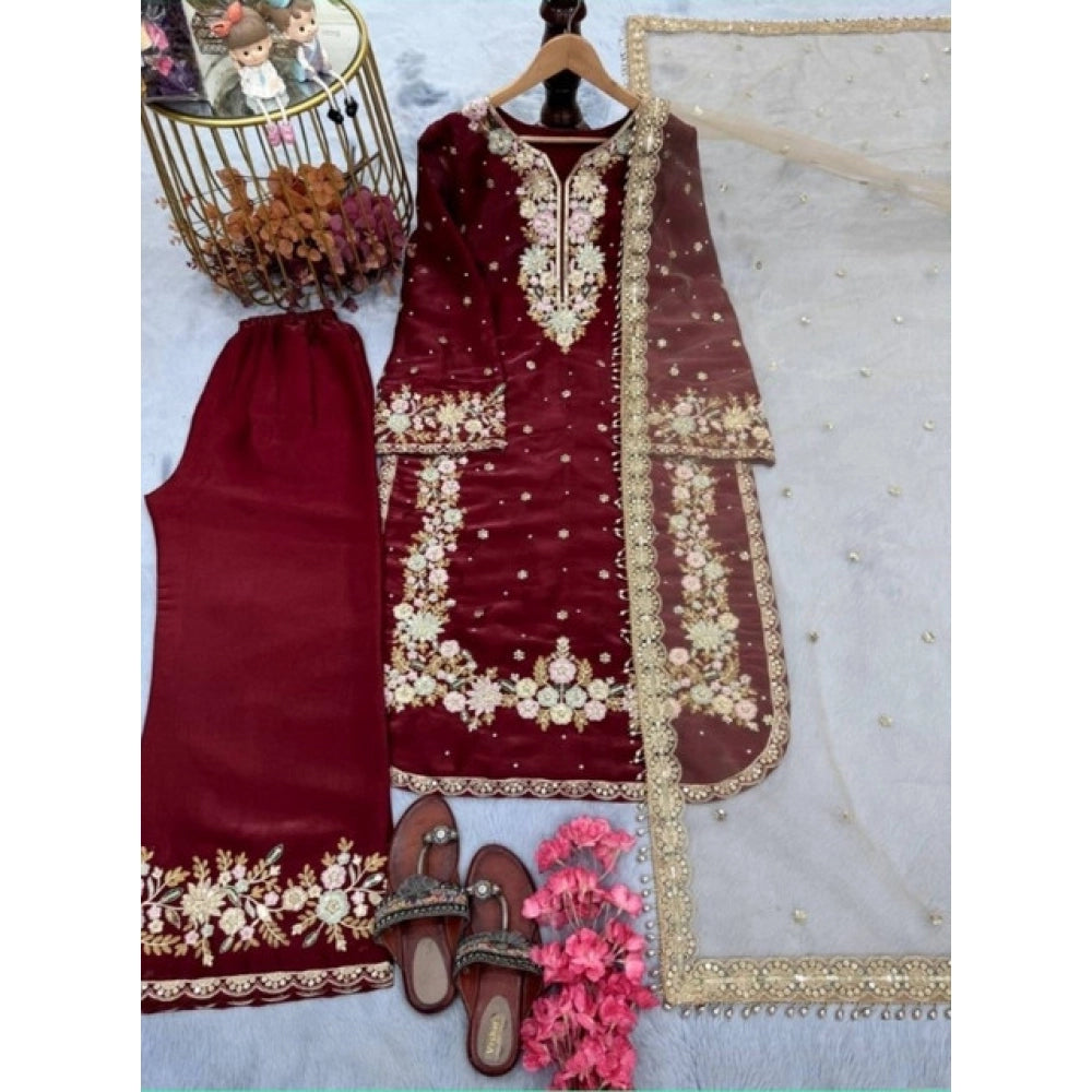 Generic Women's Silk Embroidered 3/4th Sleeve Round Kurti With Palazzo Pant and Dupatta Set (Maroon)