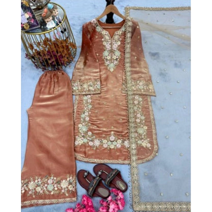 Generic Women's Silk Embroidered 3/4th Sleeve Round Kurti With Palazzo Pant and Dupatta Set (Orange)
