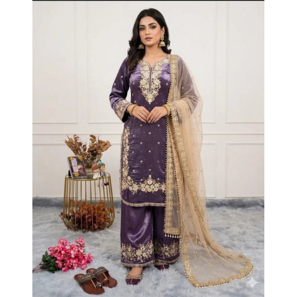 Generic Women's Silk Embroidered 3/4th Sleeve Round Kurti With Palazzo Pant and Dupatta Set (Purple)