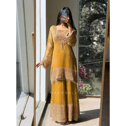 Majestic Women's Silk Embroidered 3/4th Sleeve Round Kurti With Sharara Pant and Dupatta Set (Yellow)