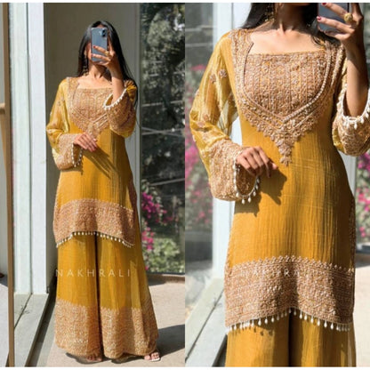 Majestic Women's Silk Embroidered 3/4th Sleeve Round Kurti With Sharara Pant and Dupatta Set (Yellow)
