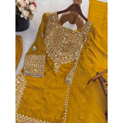 Majestic Women's Silk Embroidered 3/4th Sleeve Round Kurti With Sharara Pant and Dupatta Set (Yellow)
