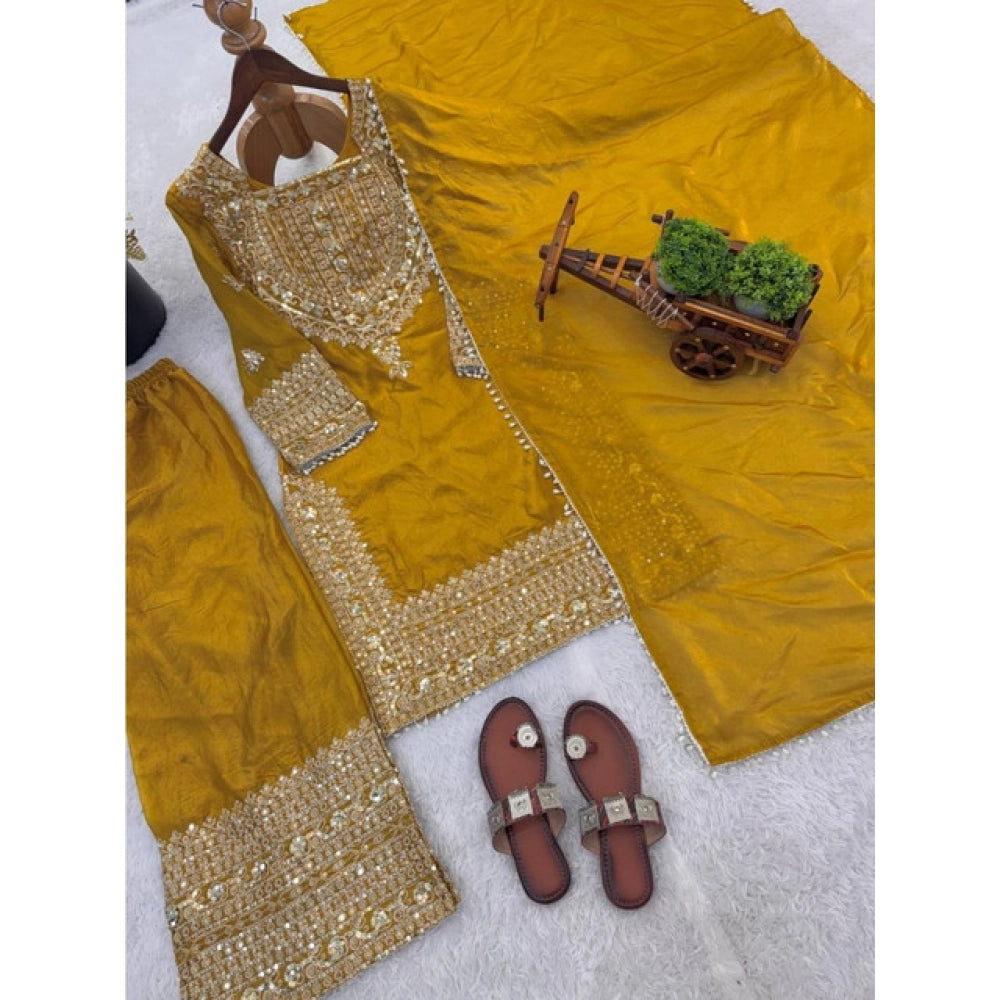 Majestic Women's Silk Embroidered 3/4th Sleeve Round Kurti With Sharara Pant and Dupatta Set (Yellow)