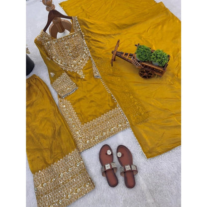 Majestic Women's Silk Embroidered 3/4th Sleeve Round Kurti With Sharara Pant and Dupatta Set (Yellow)