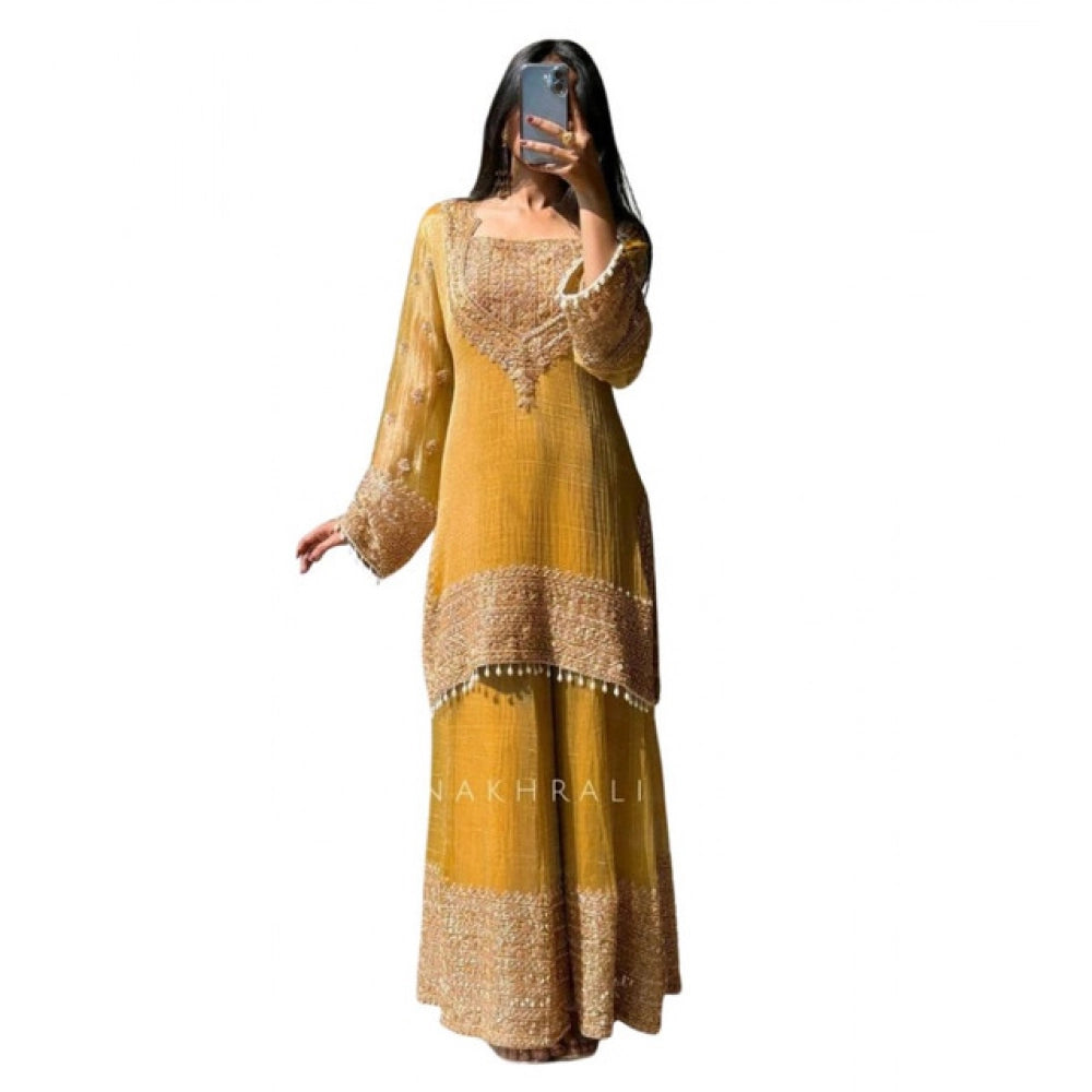 Majestic Women's Silk Embroidered 3/4th Sleeve Round Kurti With Sharara Pant and Dupatta Set (Yellow)