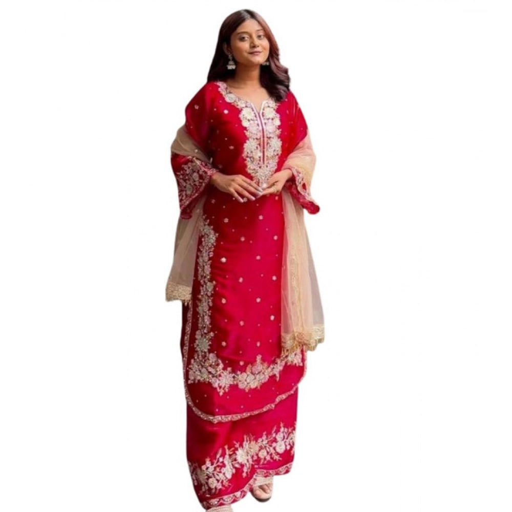 Intricate Women's Silk Embroidered 3/4th Sleeve Round Readymade Kurti With Palazzo Pant and Dupatta Set (Red)