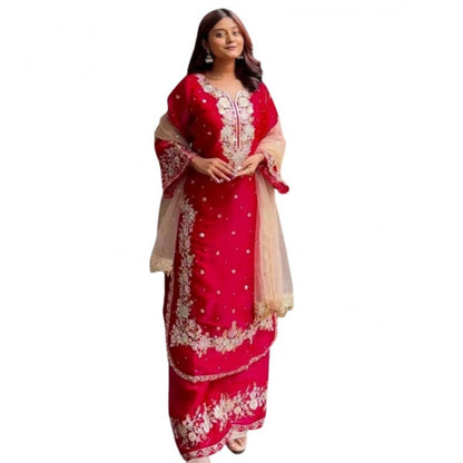 Intricate Women's Silk Embroidered 3/4th Sleeve Round Readymade Kurti With Palazzo Pant and Dupatta Set (Red)