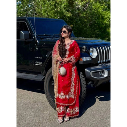 Intricate Women's Silk Embroidered 3/4th Sleeve Round Readymade Kurti With Palazzo Pant and Dupatta Set (Red)