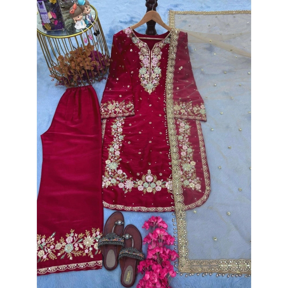 Intricate Women's Silk Embroidered 3/4th Sleeve Round Readymade Kurti With Palazzo Pant and Dupatta Set (Red)
