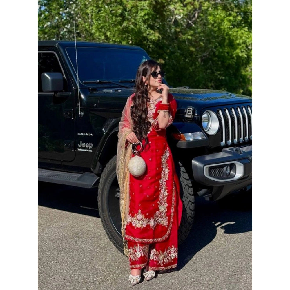 Intricate Women's Silk Embroidered 3/4th Sleeve Round Readymade Kurti With Palazzo Pant and Dupatta Set (Red)