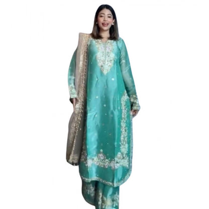 Majestic Women's Silk Embroidered 3/4th Sleeve Round Readymade Kurti With Palazzo Pant and Dupatta Set (Sea Green)