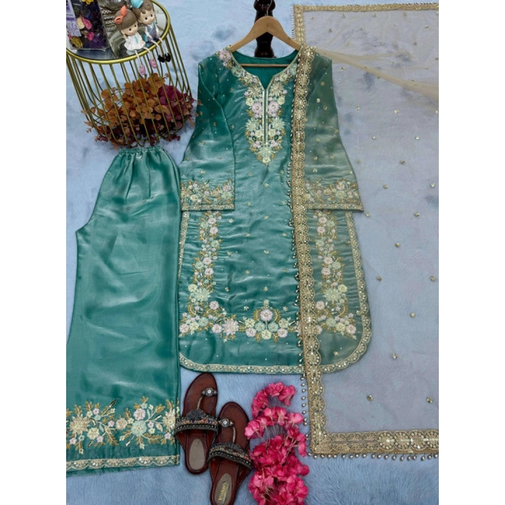 Majestic Women's Silk Embroidered 3/4th Sleeve Round Readymade Kurti With Palazzo Pant and Dupatta Set (Sea Green)