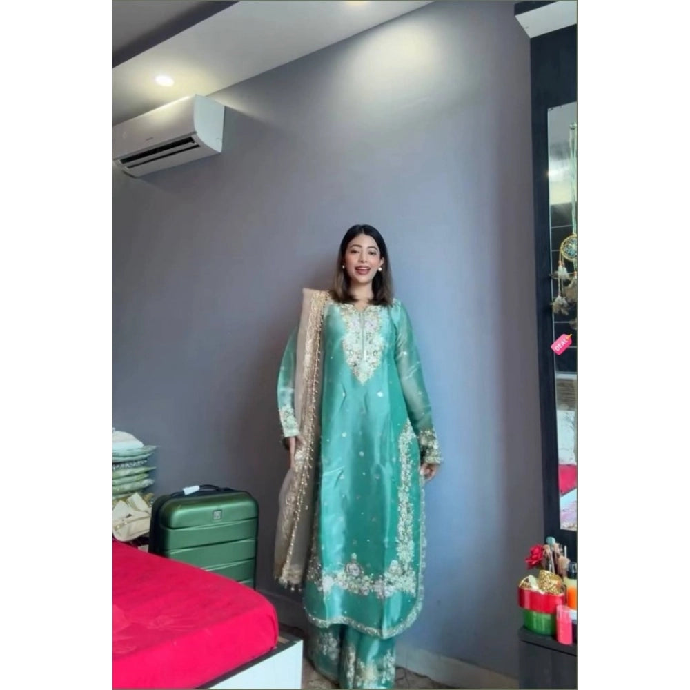 Majestic Women's Silk Embroidered 3/4th Sleeve Round Readymade Kurti With Palazzo Pant and Dupatta Set (Sea Green)